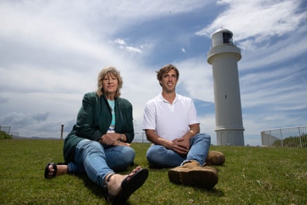 Amanda De Lore and John Hayes from the Coalition Against Offshore Wind Farms at Flagstaff Point Lighthouse in Wollongong.