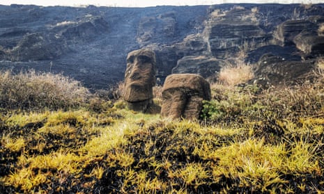 A forest fire tore through the Rapa Nui National Park in Easter Island, Chile, charring some of its carved stone figures, known as moai.