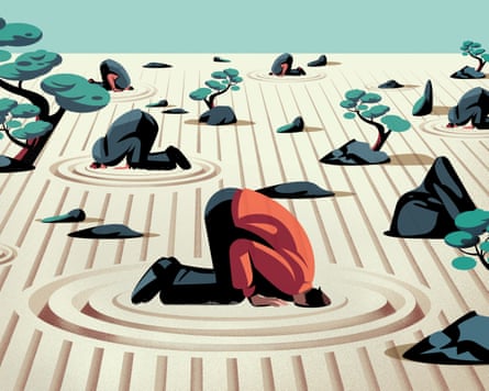 Illustration of men kneeling with their heads on the ground, surrounded by rocks and trees