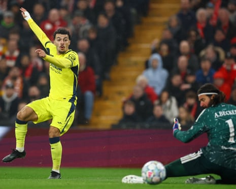 Villarreal's Georges Mikautadze shoots past Liverpool goalkeeper Alisson Becker to score