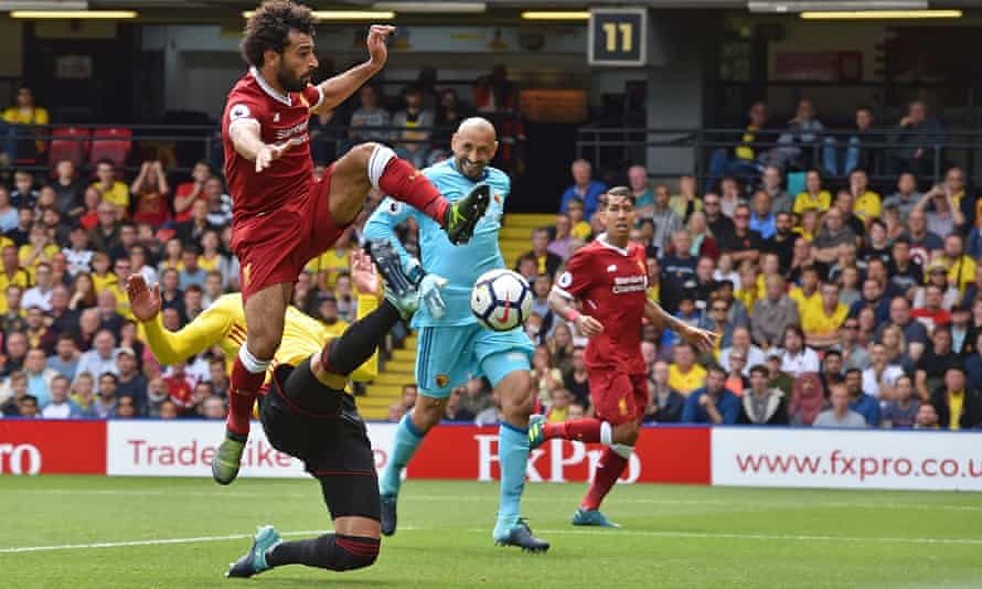 Mohamed Salah scores his first goal for Liverpool at Watford in 2017.