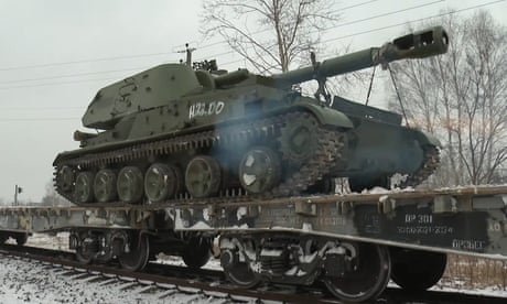 A train carrying Russian military hardware at a railway station in Belarus.
