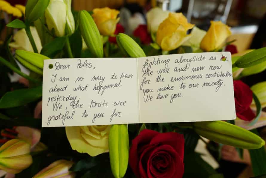 A floral tribute sent to the Polish arts centre in Hammersmith.
