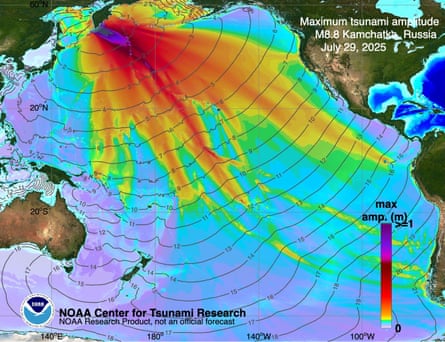 A map showing projected estimates of the reach of tsunamis after an earthquake. The centre of the range is shown in red on Russia’s east coast, fading to yellow as it reaches almost to Australia and America