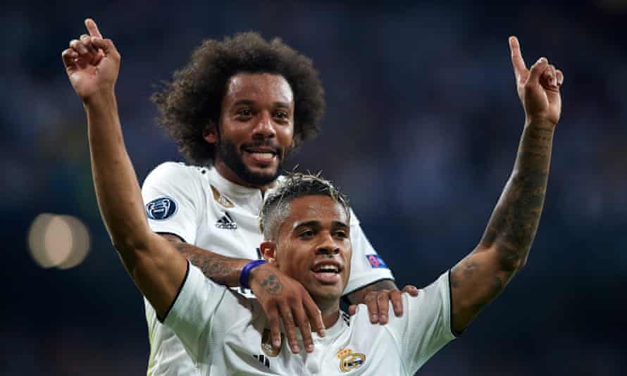 Marcelo joins in the celebrations after Mariano Díaz's goal.