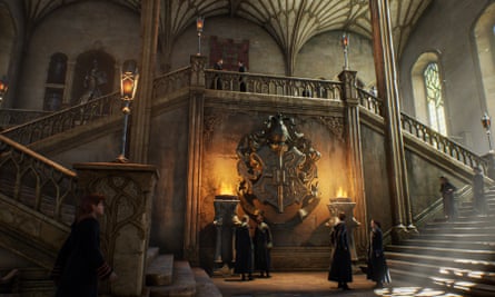 Game still from Hogwarts Legacy showing interior of Hogwarts castle