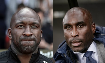 The former West Bromwich Albion manager Darren Moore, left, and Sol Campbell, the manager of Macclesfield Town.