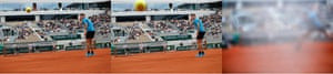 Estas tres fotos muestran la trayectoria del balón y la lente del fotógrafo Pavel Golovkin después de ser golpeado por un balón del servicio del kazajo Alexander Bublik de Kazajstán durante su partido del Abierto de Francia de segunda ronda contra el dominico Austriaco Dominic Thiem el 30 de mayo.