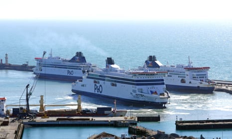 Three P and O ferries, Spirit of Britain, Pride of Canterbury and Pride of Kent moor up in the cruise terminal at the Port of Dover in Kent.
