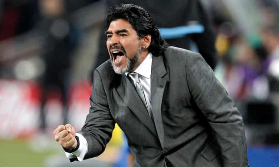 Diego Maradona as head coach of the Argentinian national team celebrating a goal during a Round of 16 match between Argentina and Mexico at the 2010 World Cup.
