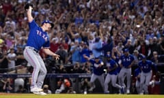 Texas Rangers relief pitcher Josh Sborz celebrates after the final out of the World Series against the Arizona Diamondbacks on Wednesday in Phoenix