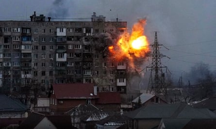 20 Days in Mariupol … An explosion erupts from an apartment building after a Russian tank fired on it