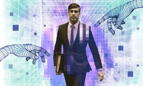 Rishi Sunak walks forward whilst two AI hands reach out to touch him as he transforms into pixelated data