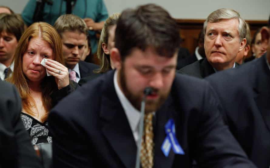 Sara Lattis Stone (left) wiping away tears as she listens to Stephen testify before the House judiciary committee in May 2010.