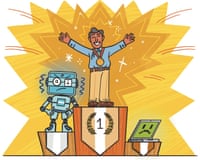 A cartoon of a man standing on the winner's dais wearing a gold medal with a robot and laptop on the second and third place steps