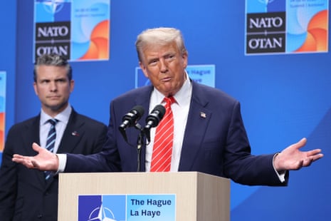President Donald Trump attends a press conference following the Nato summit in The Hague, the Netherlands.