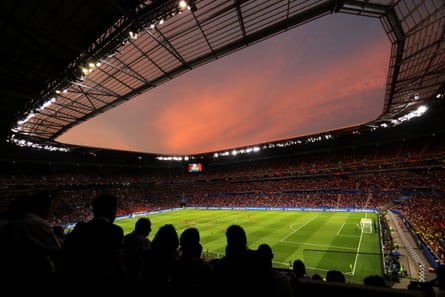 A general view inside the stadium at sunset during the Semi Final match between Netherlands and Sweden at Stade de Lyon.