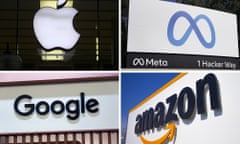 a montage of tech company logos - Clockwise from top left, Apple, Meta, Amazon and Google