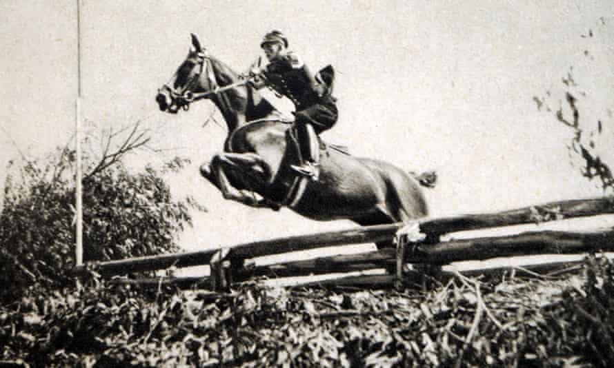 A modern pentathlete competing in the horse riding at the 1932 Olympic Games in Los Angeles