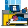 An office worker sleeping on a camping bed by his desk