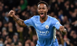 Raheem Sterling of Manchester City celebrates after scoring their equaliser.