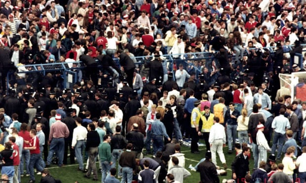 The Leppings Lane terrace at the Hillsborough stadium during the disaster on 15 April 1989.