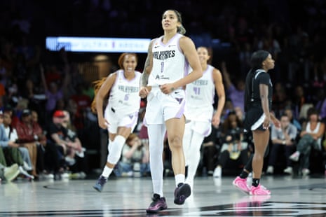 Golden StateâÂÂs Gabby Williams celebrates after hitting a three-pointer in overtime of the Valkyriesâ 87-77 victory over the Las Vegas Aces in Game 3 of their WNBA semi-final series.