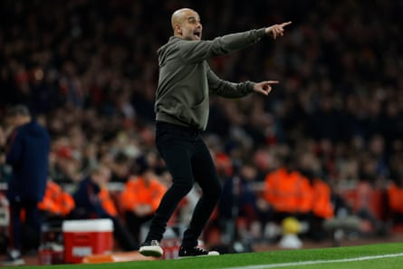 Pep Guardiola, the City manager, during the match at Arsenal