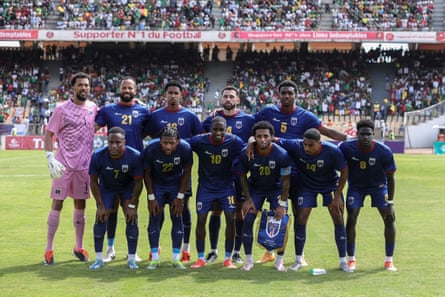 Cape Verde players, including the goalkeeper Vozinha (left), pose for a team photo before their qualifier against Cameroon in 2024.