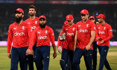 The England players leave the field after winning the final T20 match in the series against Pakistan.