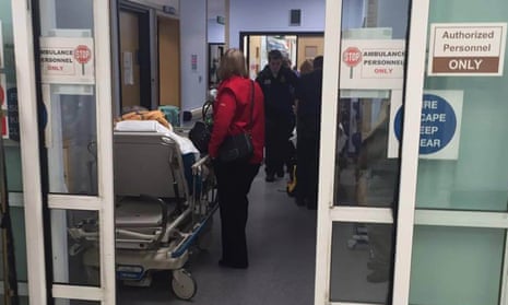 People waiting on trolleys, yesterday evening, in the A & E department at the Royal Glamorgan Hospital