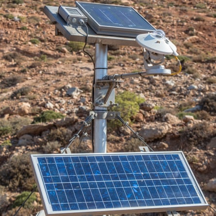 A recently installed solar radiation meter and panel on Tilos.
