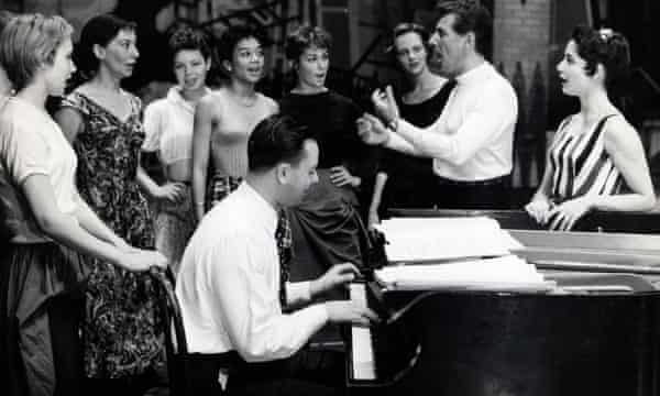 Steven Sondheim and Leonard Bernstein take a break from crosswords to rehearse West Side Story, 1957.