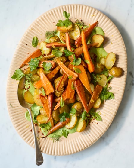 Alissa Timoshkina’ roast new potatoes and carrots on a bed of whipped, herbed feta.