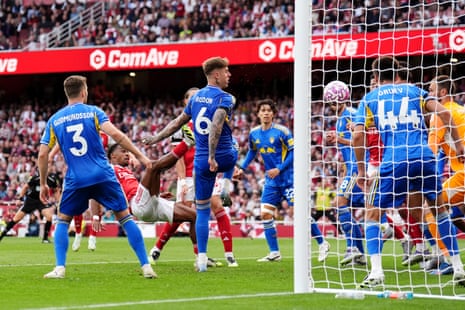 Arsenal’s Jurrien Timber scores his second, and Arsenal’s fourth goal of the game.