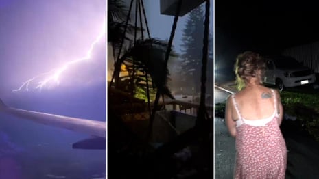 Plane passenger captures lightning display as storms batter south-east Queensland – video
