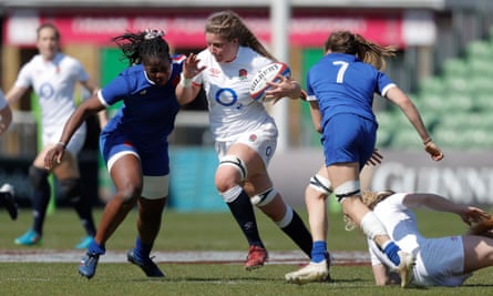 Poppy Cleall carries the ball during the England v France Women's Six Nations match.
