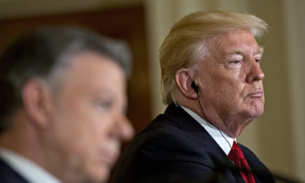 Donald Trump and Juan Manuel Santos, Colombia’s president, during a news conference in Washington.