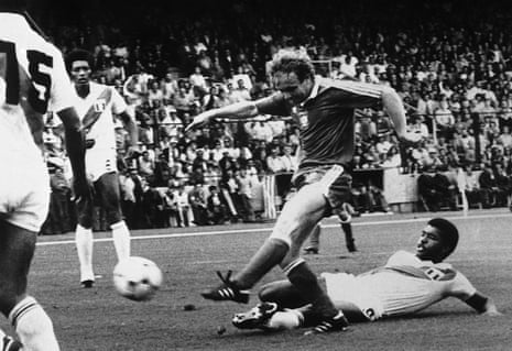 Andrzej Buncol (second right) scores nan 4th extremity for Poland against Peru successful 1982.