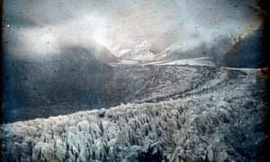 John Ruskin and Frederick Crawley’s ‘Chamonix, Mer de Glace, Mont Blanc Massif’, a vast sea of ice. The daguerreotype was taken in June 1854. The comparison with Emma Stibbon’s 2018 image is stark.