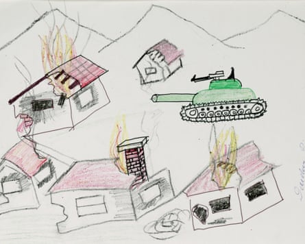 A child refugee’s drawing depicting the 1998–1999 conflict in Kosovo.