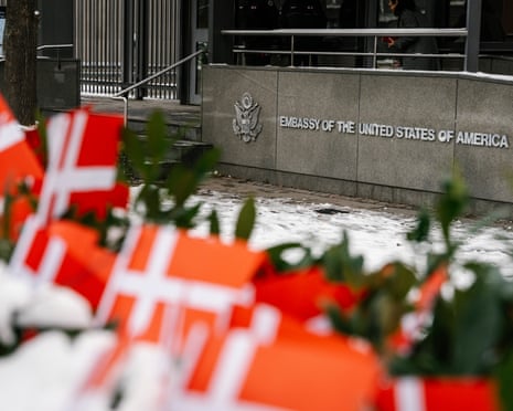Danish flags are placed in front of the American embassy in Copenhagen, Denmark.