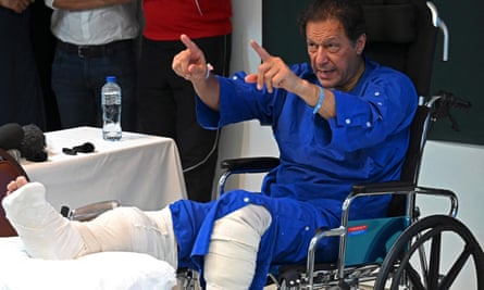 Imran Khan addresses the media at a hospital in Lahore, the day after the assassination attempt against him