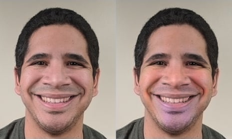 A man's face is shown smiling to represent happiness, both in an untouched photo and in a version with blood flow enhanced.