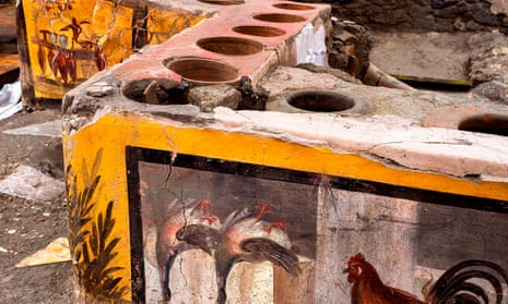 The thermopolium, a sort of street “fast-food” counter in ancient Rome, that has been unearthed in Pompei, decorated with polychrome motifs and in an exceptional state of preservation. - The counter frozen by volcanic ash had been partly unearthed in 2019 but the work was extended to best preserve the entire site