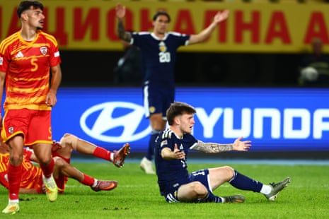 Ben Gannon-Doak of Scotland shows a look of frustration after being fouled by Matej Gashtarov of North Macedonia in the penalty area.