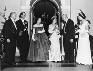 The Queen shakes hands with Dwight Eisenhower at the White House in 1957
