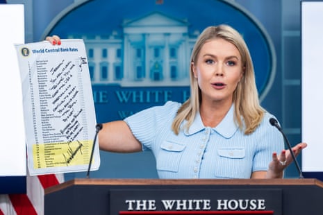 White House Press Secretary Karoline Leavitt holds up a letter she said US President Donald Trump sent to Chair of the Federal Reserve Jerome Powell in the White House Press Briefing Room in Washington, DC, USA, 30 June 2025.
