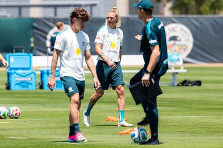 Jordy Bos and Jackson Irvine astatine Socceroos training successful Oakland.