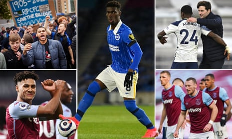 Super League protests at Stamford Bridge, Yves Bissouma of Brighton, Ryan Mason with Serge Aurier of Spurs, Vladimir Coufal of West Ham and Aston Villa’s Ollie Watkins